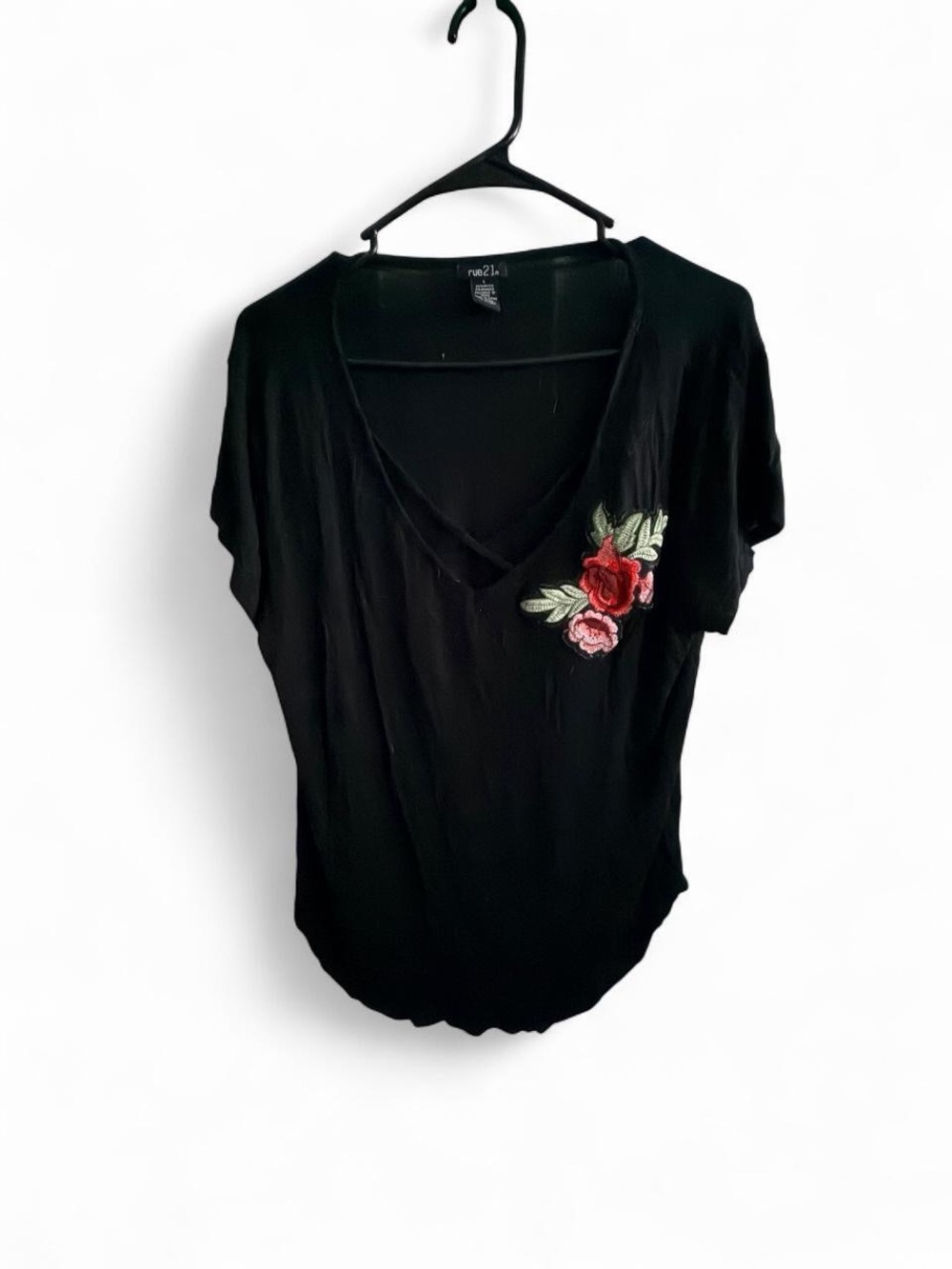 Rue21 Black V-Neck Tee with Red Rose Embroidery